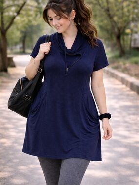 Kensie Navy Short-Sleeve Cowl Neck Tunic with Zipper